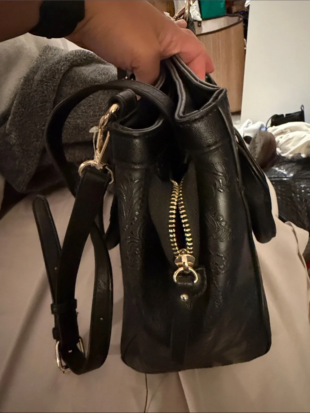 Rosetti Black Embossed Satchel with Gold Hardware